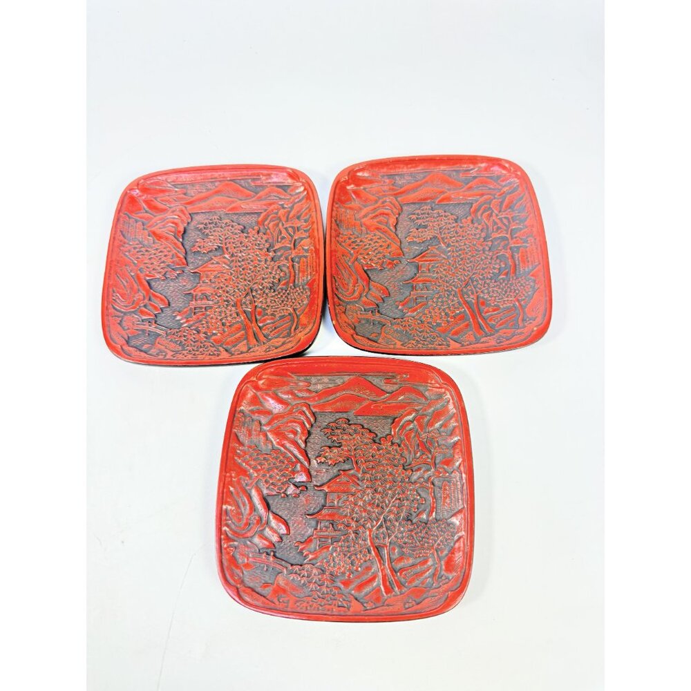 Appitizer Plates Set 3 Vintage Japanese Cinnabar Lacquer Ware Oriental Pagoda - Picture 8 of 12